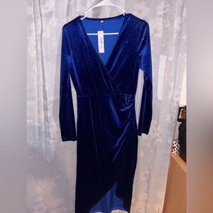 Elegant Royal Blue Velvet Sparkly Long Sleeve Dress